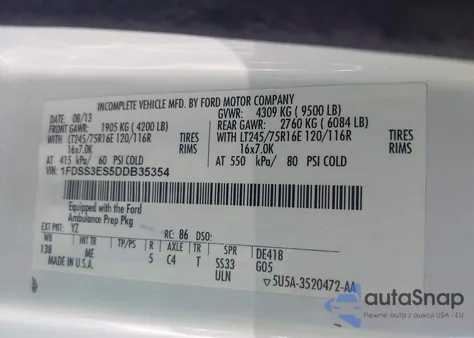 2013 Ford E-350 Super Duty Commercial z USA, uszkodzony, nr VIN 1FDSS3ES5DDB35354